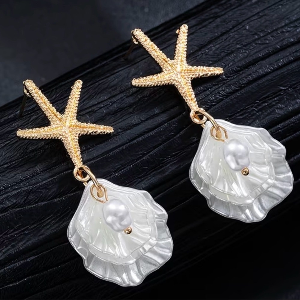 Gold Starfish Pearl Drop Earrings - Women Jewelry